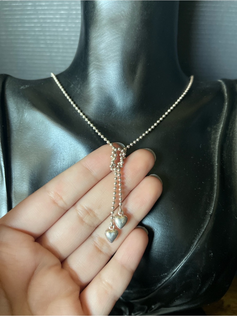 Heart sterling silver ball chain puff heart lariat necklace 16 inch